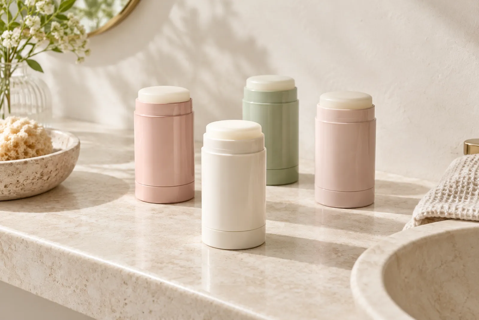 Natural deodorant sticks in neutral packaging on a bathroom shelf in soft daylight