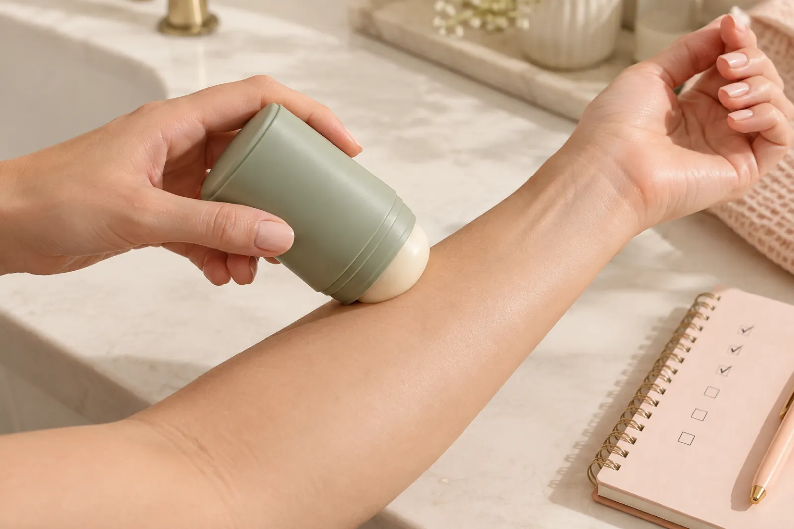 Tester applying natural deodorant during a multi-week test