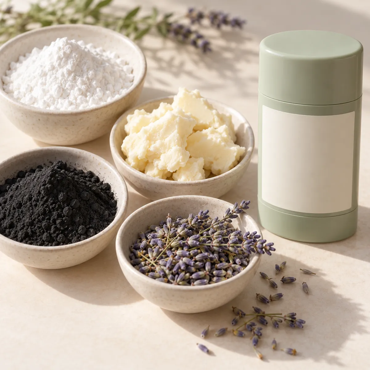 Natural deodorant ingredients: arrowroot, shea, charcoal, essential oils