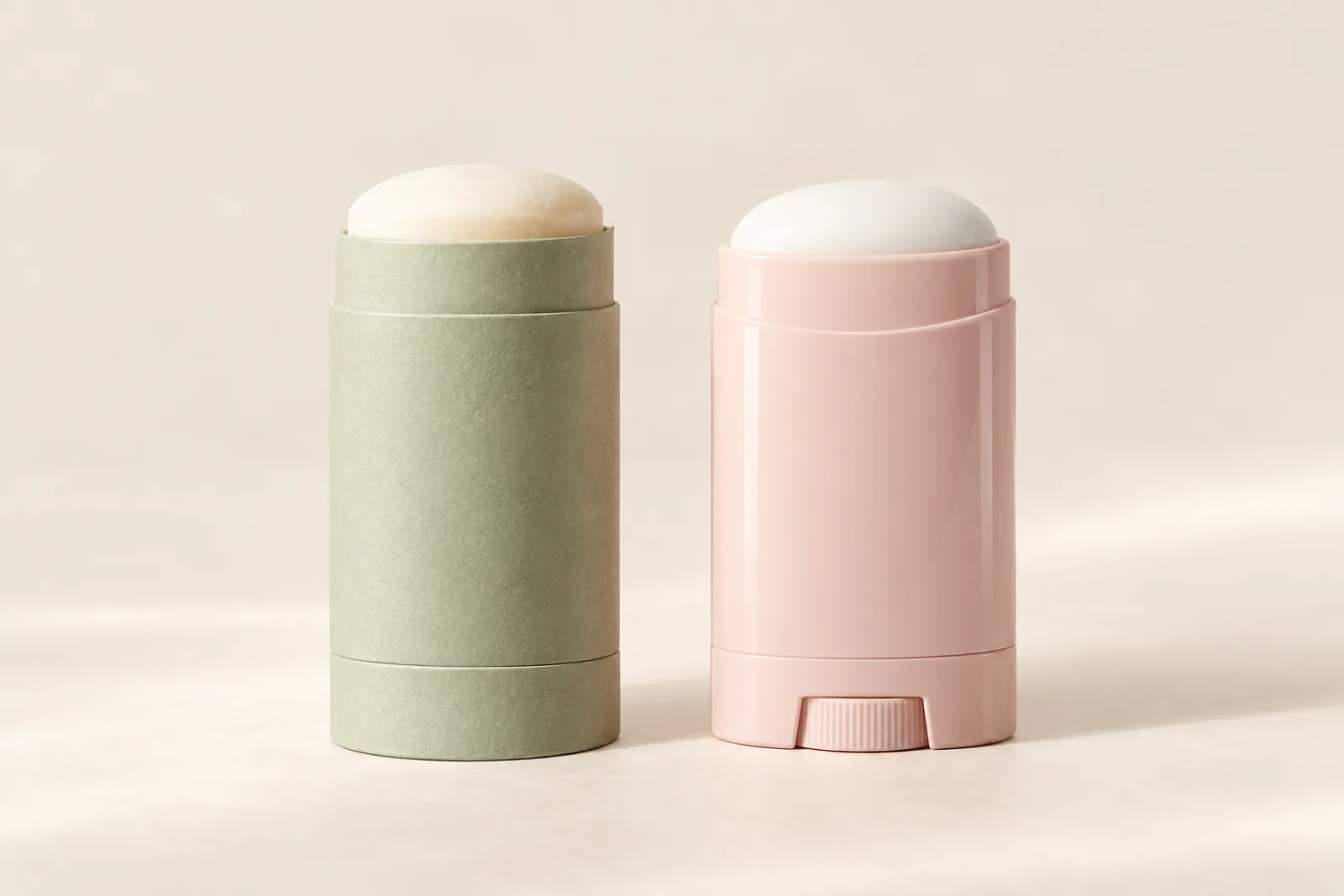 Natural deodorant stick next to a conventional sweat-blocking stick